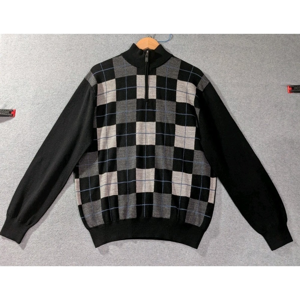Jos. A. Bank Signature Collection Merino‎ Wool Quarter Zip Windowpane Sweater L